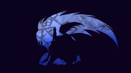 HD PC desktop wallpaper from the anime Nura: Rise of the Yokai Clan, showing a dark yokai silhouette before a stylized blue crescent with faint kanji textures.