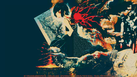 HD desktop wallpaper featuring Touka Kirishima from the anime Tokyo Ghoul, set against a vibrant and dynamic background with abstract elements and dramatic colors.