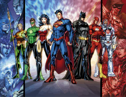 HD desktop wallpaper featuring the Justice League superheroes including Aquaman, Green Lantern, Wonder Woman, Superman, Batman, The Flash, and Cyborg in a dynamic and vivid comic-style illustration.