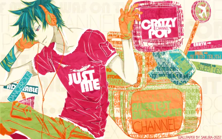 HD desktop wallpaper featuring vibrant anime character from Karneval wearing headphones and a red shirt with Just Me text. Various colorful phrases and designs surround the character.
