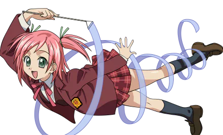 Makie Sasaki (Negima!) anime 5K UHD PC wallpaper, pink-haired schoolgirl in a burgundy blazer and plaid skirt, mid-air pose with ribbons and a cheerful smile.