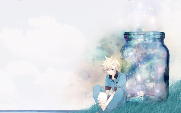 HD PC desktop wallpaper featuring Cloud Strife from the video game Final Fantasy VII sitting beside a glowing jar on a grassy hill under a soft sky.