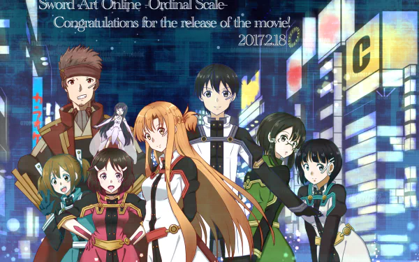 HD desktop wallpaper featuring key characters from Sword Art Online Ordinal Scale, including Kirito, Asuna, Yui, Lisbeth, Silica, and others celebrating the movie release.