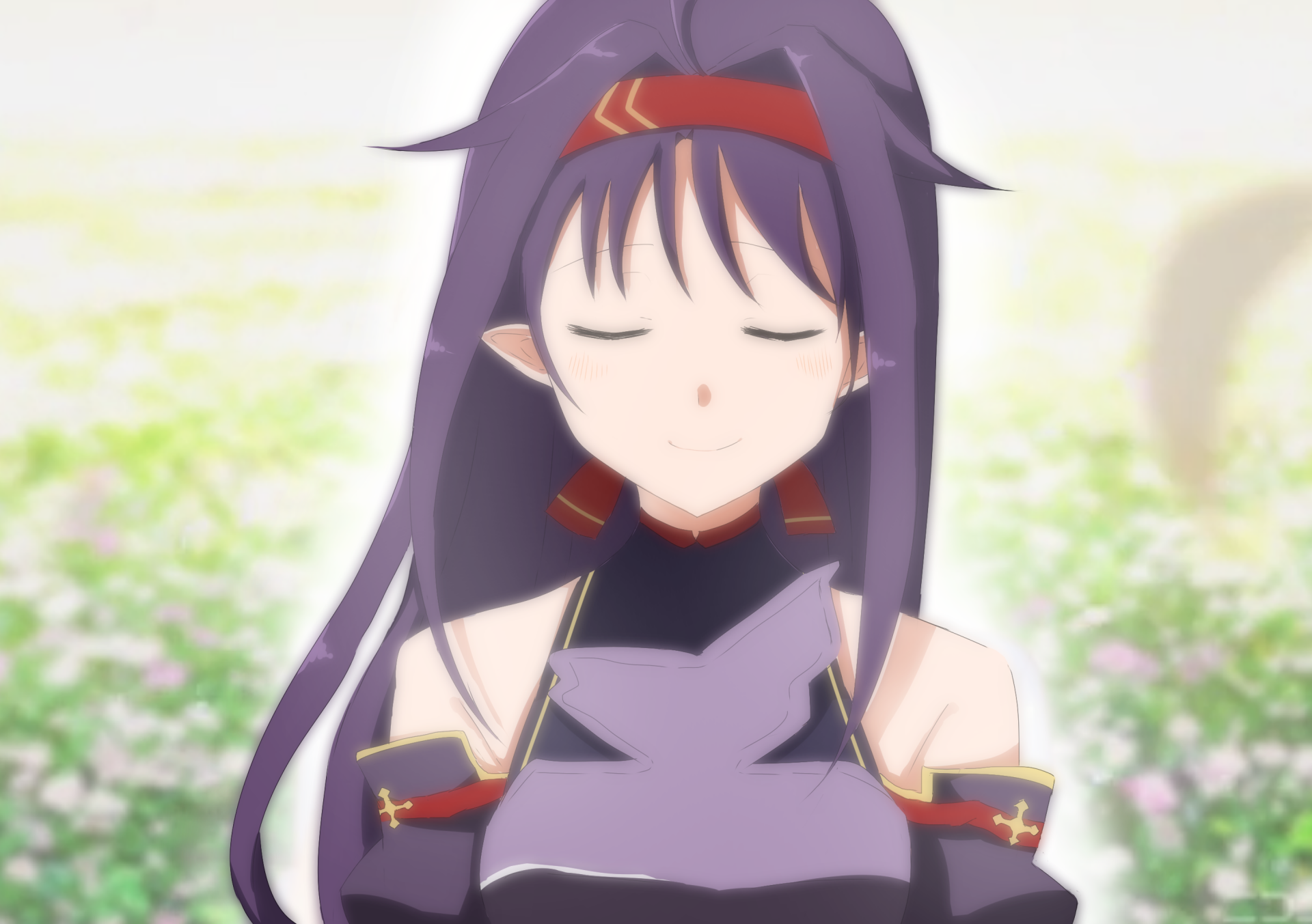 HD anime desktop wallpaper featuring Yuuki Konno from Sword Art Online II with closed eyes, serene expression, and a soft, blurred floral background.