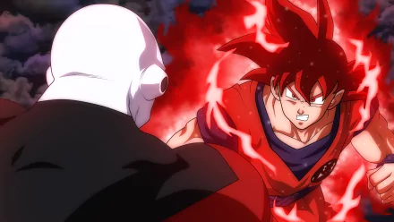 HD desktop wallpaper featuring Goku and Jiren in an intense battle from Dragon Ball Super. Goku is surrounded by a red aura, facing Jiren, who’s seen from the back.