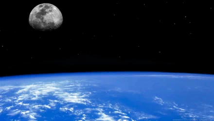 HD wallpaper of Earth from space, showcasing the blue horizon of the planet with the moon glowing above against a black star-filled background. Tags: planet, horizon, moon, space, nature, Earth From Space.