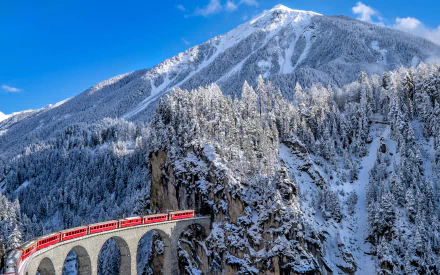 RhB forest winter bridge mountain vehicle train HD Desktop Wallpaper | Background Image