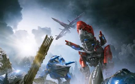 HD desktop wallpaper featuring dinosaurs and Power Rangers from the 2017 Power Rangers movie, with a dramatic sky backdrop.
