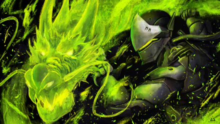 HD desktop wallpaper featuring Genji from the video game Overwatch. The image showcases Genji, surrounded by green hues, with a dragon-like energy emanating from his arm.