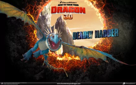 A vibrant HD wallpaper featuring a dragon from How to Train Your Dragon, showcasing the Deadly Nadder against a dramatic background.