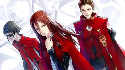 HD anime desktop wallpaper featuring characters from Harmony by Tuan Kirie, showcasing three figures in vibrant red outfits against a soft, light background.