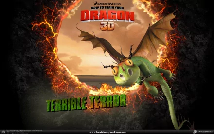 A vibrant HD desktop wallpaper featuring a dragon from the movie How to Train Your Dragon, showcasing the text Terrible Terror with a fiery background.