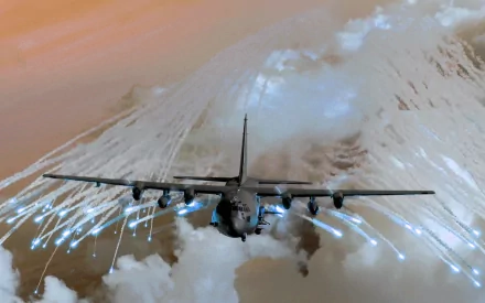HD desktop wallpaper of a Lockheed AC-130 military aircraft flying through clouds, with bright trails of light behind it.