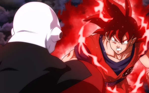 HD desktop wallpaper featuring Goku and Jiren in an intense battle from Dragon Ball Super. Goku is surrounded by a red aura, facing Jiren, who’s seen from the back.