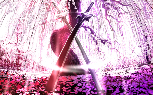 HD desktop wallpaper featuring a vibrant scene from Sword Art Online: Ordinal Scale, with two crossed swords amidst blooming cherry blossoms, inspired by the anime movie.