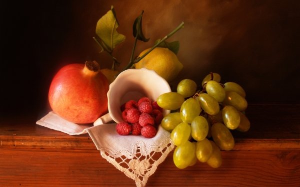 Food Still Life Fruit Grapes Raspberry Pomegranate HD Wallpaper | Background Image