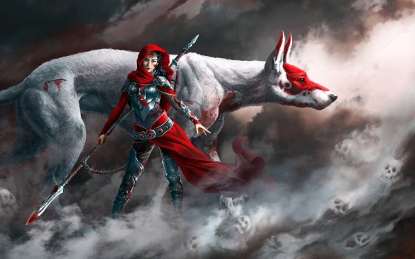 Fantasy Women Warrior Woman Warrior Dog Tattoo Armor Spear Black Hair Skull HD Wallpaper | Background Image