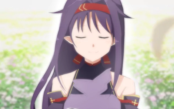 HD anime desktop wallpaper featuring Yuuki Konno from Sword Art Online II with closed eyes, serene expression, and a soft, blurred floral background.