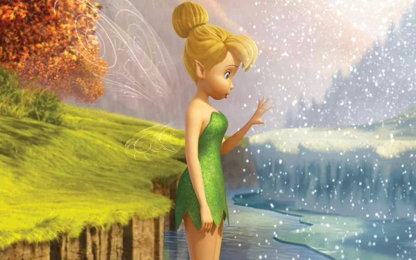 HD PC desktop wallpaper/background featuring Tinker Bell fairy from the movie Secret of the Wings, in a green dress by a snowy frozen lake and sunlit autumn meadow
