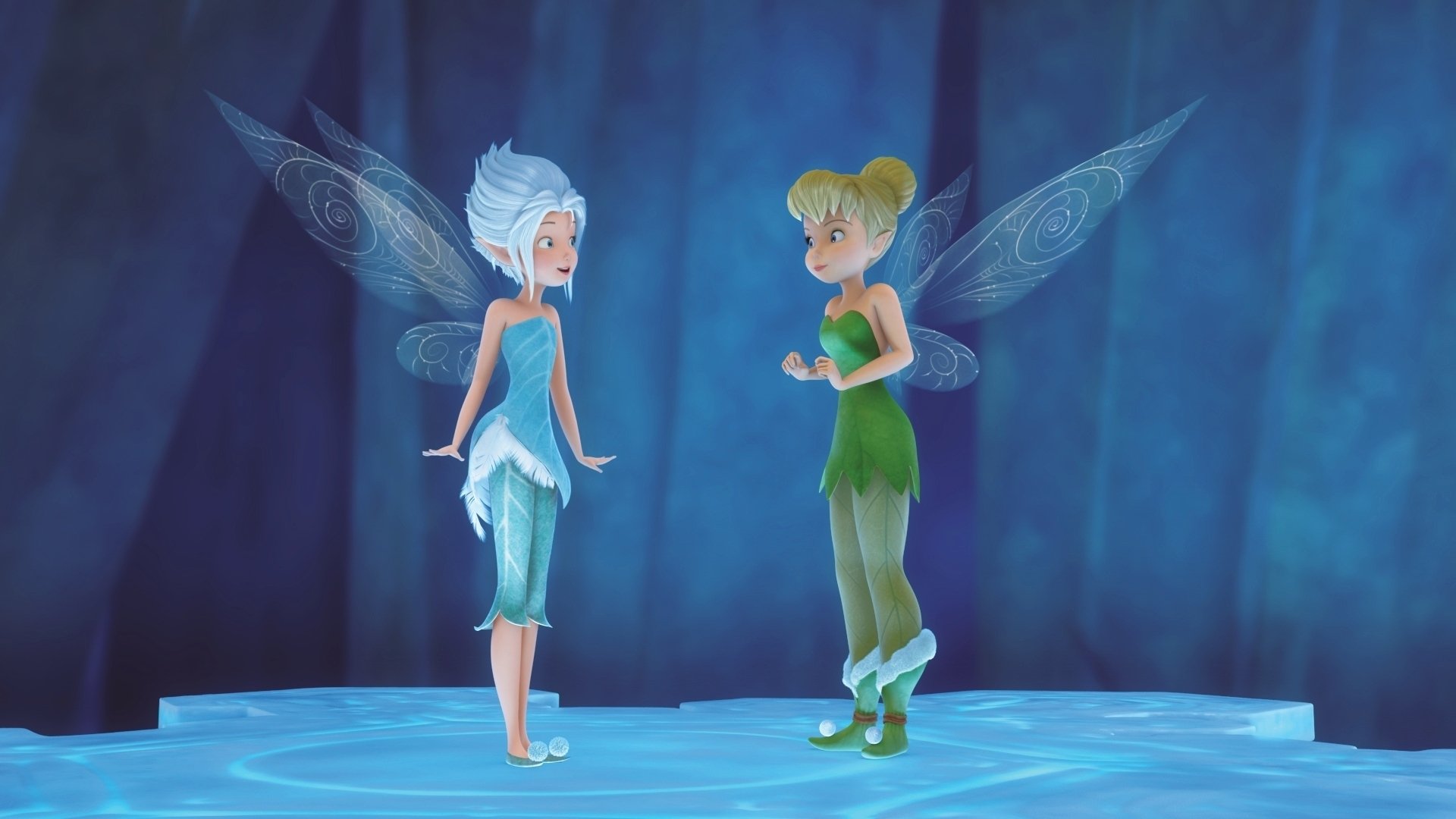 HD PC desktop wallpaper from the movie Secret of the Wings: Tinker Bell and Periwinkle stand on a glowing ice platform in a blue, wintry forest glade.