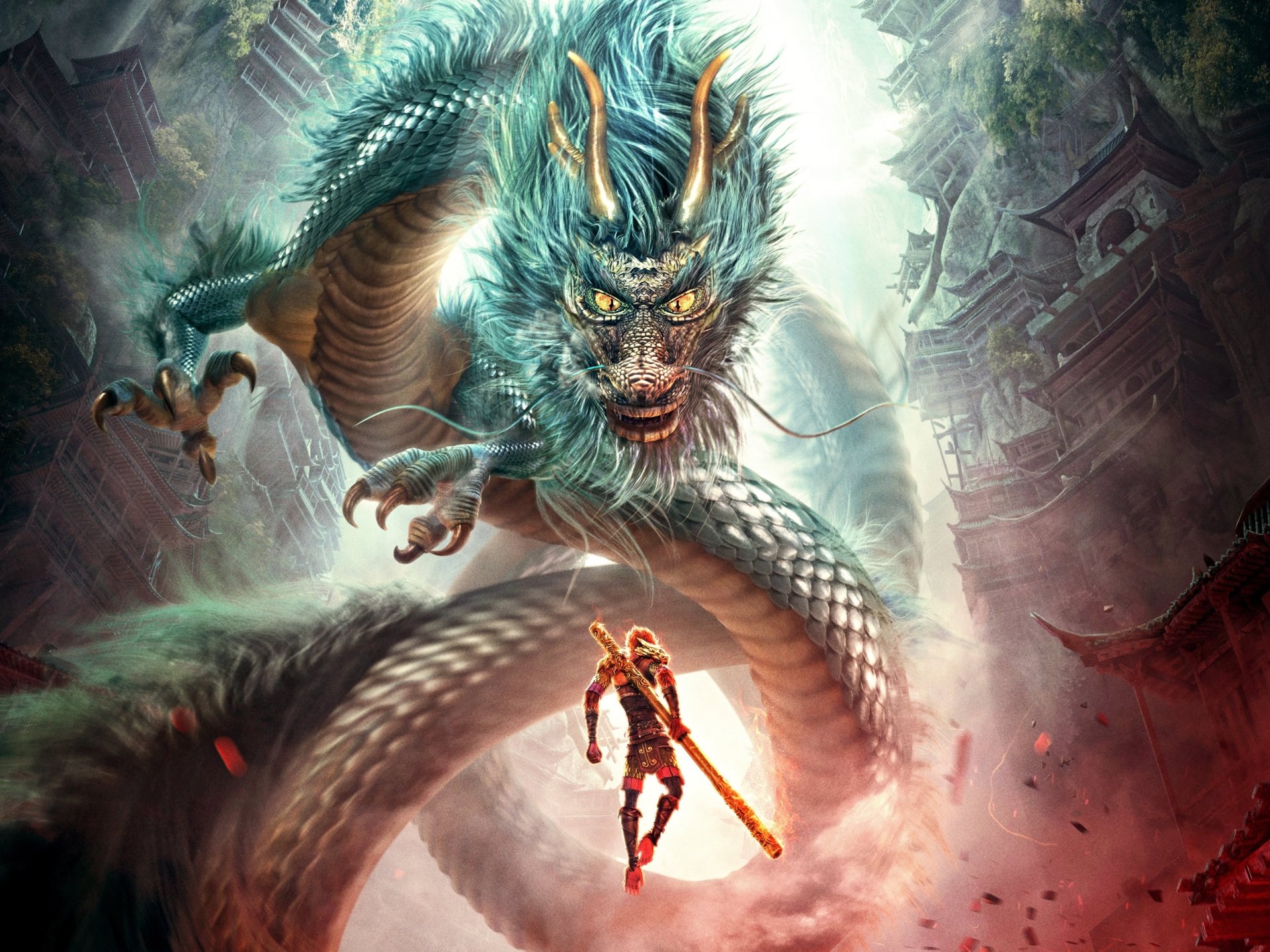 HD PC desktop wallpaper from the movie Monkey King: Hero Is Back, featuring an epic scene of a fierce dragon towering over the Monkey King with his staff.