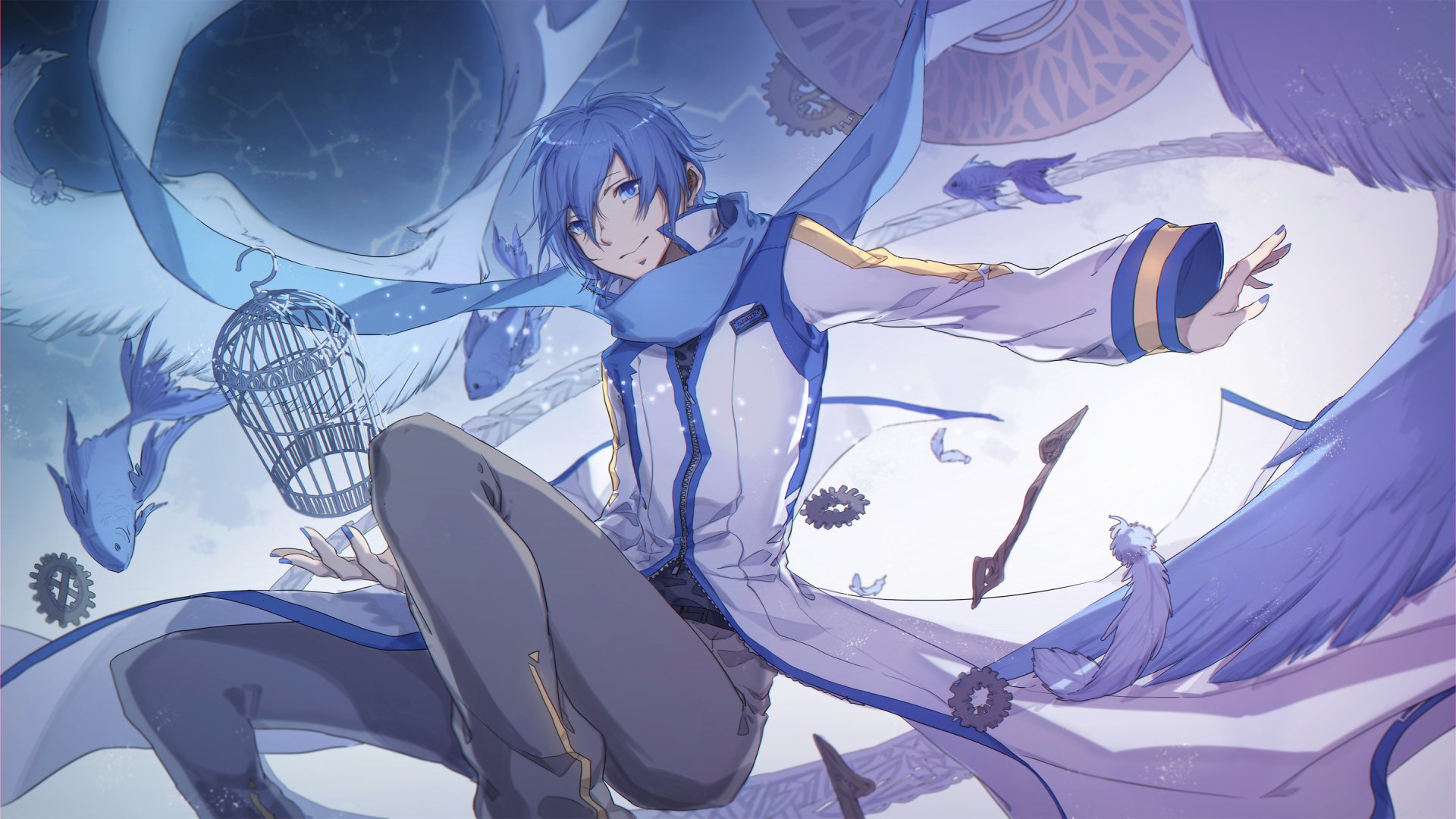 HD desktop wallpaper featuring Kaito from Vocaloid in an anime-style illustration, surrounded by floating feathers, birds, and a birdcage against a moonlit sky.