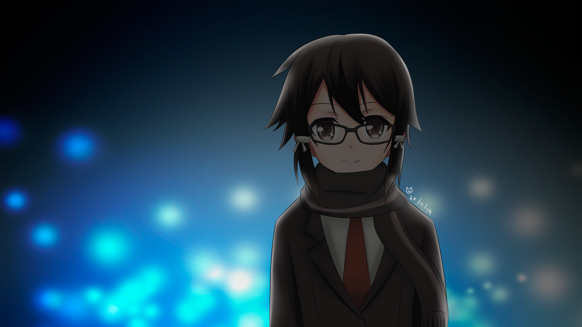 Anime-style character from Sword Art Online II stands against a dark background with glowing blue light orbs, rendered in 4K Ultra HD for PC desktop wallpaper.