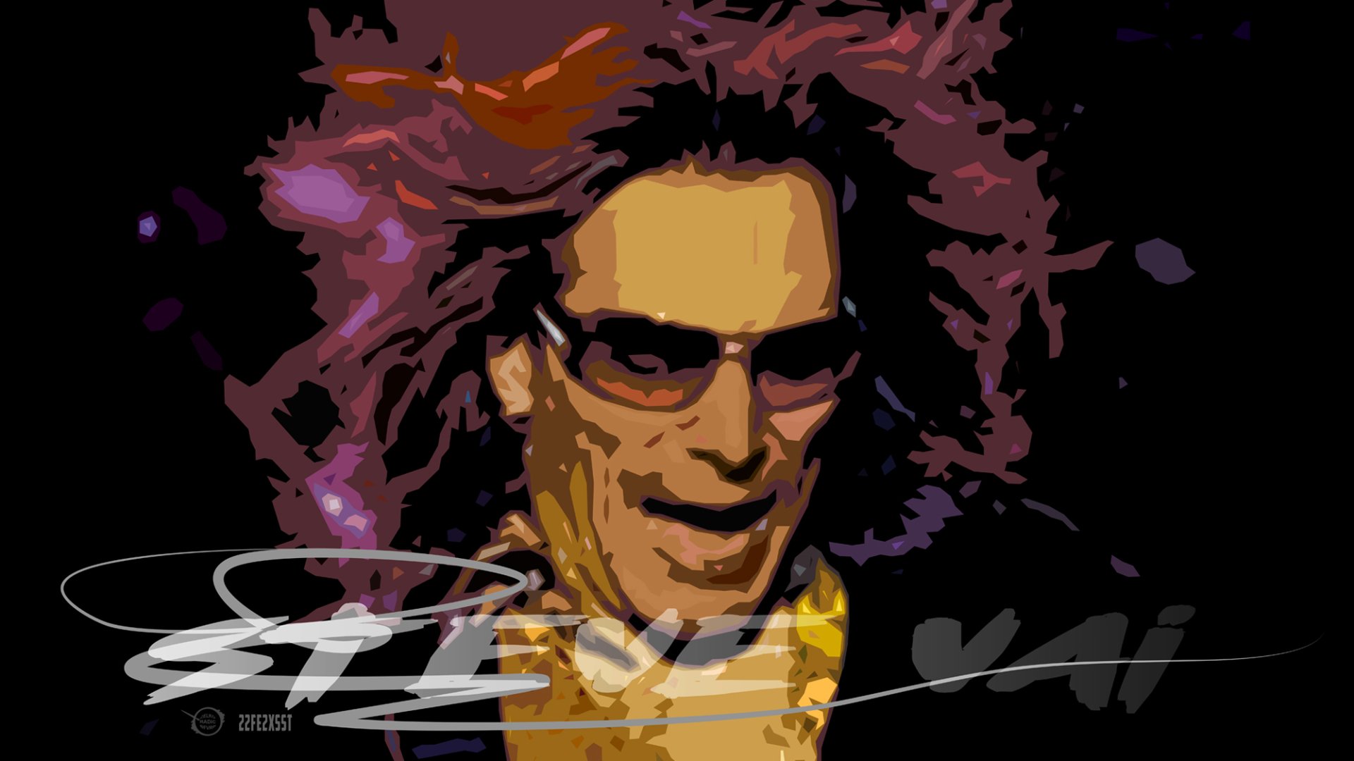 HD wallpaper and background of a colorful portrait of guitarist and musician Steve Vai, featuring bold colors and dynamic energy, with his name stylishly written across the image.