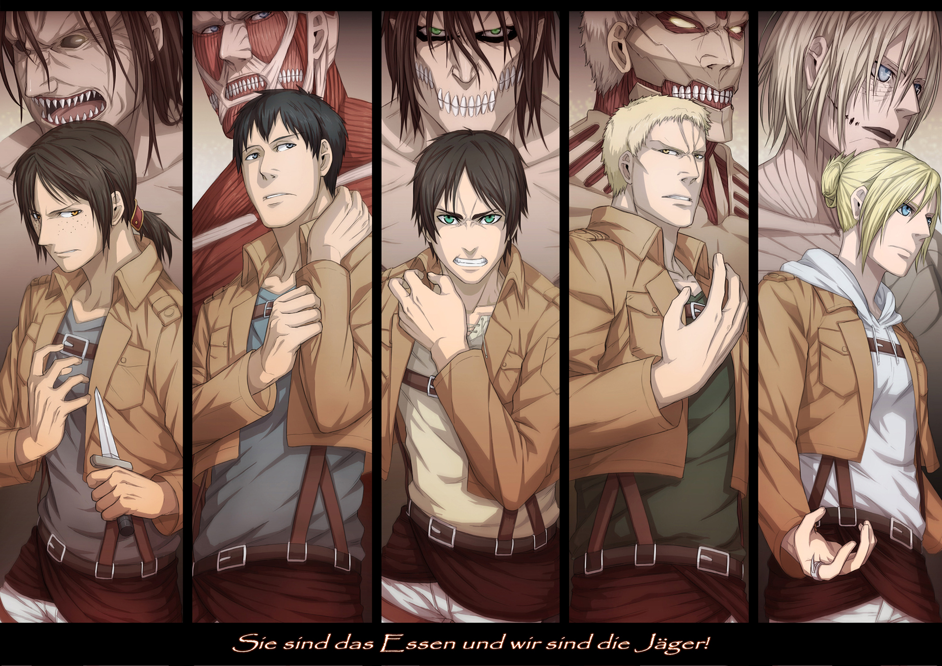 HD Anime desktop wallpaper featuring five Attack on Titan characters with intense expressions and Titan forms in the background.
