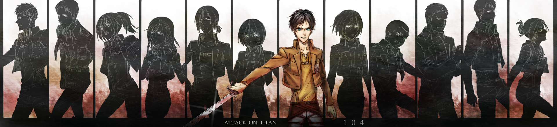 HD desktop wallpaper featuring Eren Yeager in front of shadowed silhouettes of Attack on Titan characters including Mikasa Ackerman, Sasha Blouse, Reiner Braun, and others.