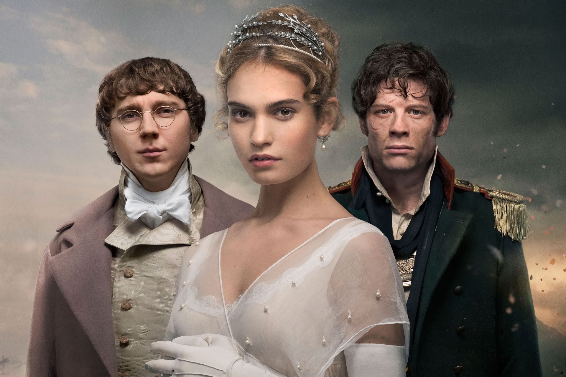 HD PC desktop wallpaper featuring main characters from the TV show War & Peace, showcasing period costumes and dramatic expressions against a cloudy backdrop.