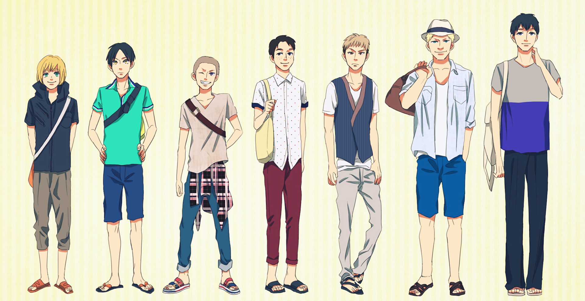 HD PC desktop wallpaper featuring anime characters Reiner Braun, Marco Bott, Jean Kirstin, Eren Yeager, Bertholdt Hoover, Connie Springer, and Armin Arlert from Attack on Titan.