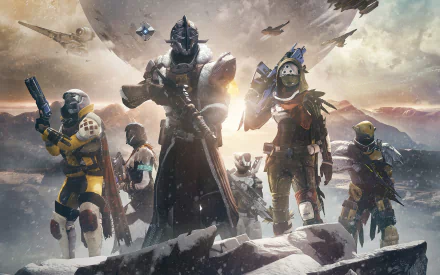 HD desktop wallpaper featuring characters from Destiny, a popular video game, standing united against a dramatic celestial backdrop.