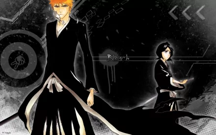 HD desktop wallpaper featuring Ichigo Kurosaki and Rukia Kuchiki from the anime Bleach, with both characters in action poses against a dark, stylish background.