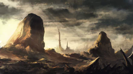 HD desktop wallpaper and background featuring a dramatic, rocky landscape from the anime Sword Art Online II. The scene showcases towering rock formations under a moody, clouded sky.