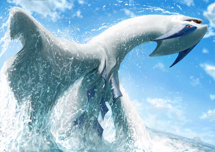HD desktop wallpaper featuring Lugia from Pokémon, majestically emerging from ocean waters, set against a clear blue sky. Vibrant and dynamic anime appearance.