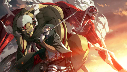 HD desktop wallpaper featuring Annie Leonhart from Attack on Titan, alongside two titans against a dramatic sky.