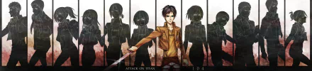 HD desktop wallpaper featuring Eren Yeager in front of shadowed silhouettes of Attack on Titan characters including Mikasa Ackerman, Sasha Blouse, Reiner Braun, and others.