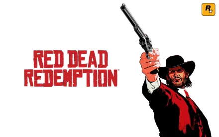 HD PC desktop wallpaper featuring John Marston from the video game Red Dead Redemption, holding a revolver against a white background with the game’s title in red text.