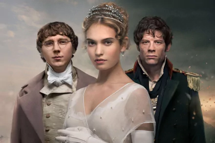 HD PC desktop wallpaper featuring main characters from the TV show War & Peace, showcasing period costumes and dramatic expressions against a cloudy backdrop.