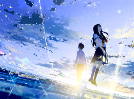 HD anime wallpaper depicting two original characters standing against a vibrant, partly cloudy sky with dramatic lighting. The serene background highlights their contemplative mood.
