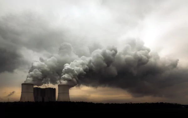 A striking image of a nuclear power plant, featuring towering cooling towers emitting dense smoke against a moody sky, serving as a thought-provoking desktop wallpaper.