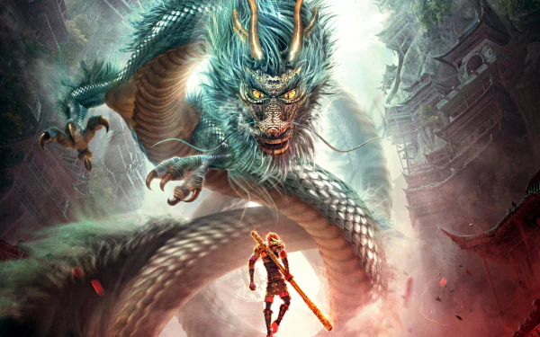 HD PC desktop wallpaper from the movie Monkey King: Hero Is Back, featuring an epic scene of a fierce dragon towering over the Monkey King with his staff.