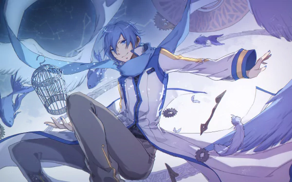 HD desktop wallpaper featuring Kaito from Vocaloid in an anime-style illustration, surrounded by floating feathers, birds, and a birdcage against a moonlit sky.