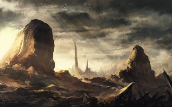 HD desktop wallpaper and background featuring a dramatic, rocky landscape from the anime Sword Art Online II. The scene showcases towering rock formations under a moody, clouded sky.