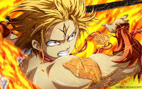 HD anime wallpaper featuring Alibaba Saluja from Magi: The Labyrinth of Magic, showcasing intense fiery action and dynamic energy.