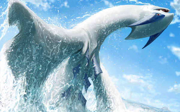 HD desktop wallpaper featuring Lugia from Pokémon, majestically emerging from ocean waters, set against a clear blue sky. Vibrant and dynamic anime appearance.