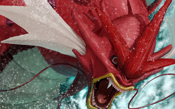 HD desktop wallpaper featuring an Anime-style Shiny Gyarados Pokémon, showcasing vibrant colors and dynamic waves in the background.