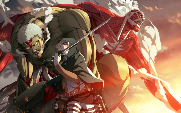HD desktop wallpaper featuring Annie Leonhart from Attack on Titan, alongside two titans against a dramatic sky.