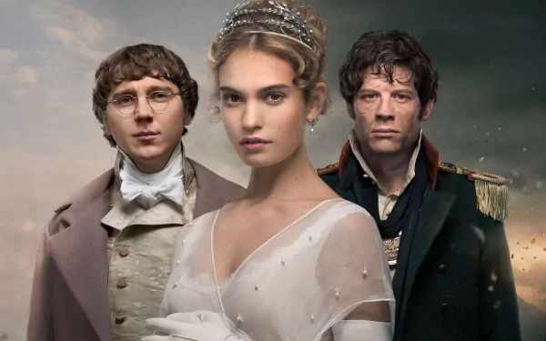 HD PC desktop wallpaper featuring main characters from the TV show War & Peace, showcasing period costumes and dramatic expressions against a cloudy backdrop.